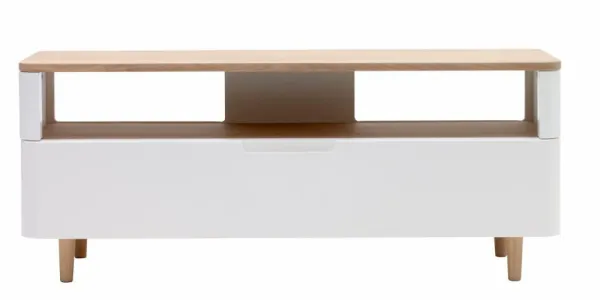 Grandeur TV unit, with 1 drawer - white MDF and white-oiled oak veneer/oak (120x40)