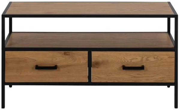 ACT NORDIC Seaford TV unit, with 1 shelf and 2 drawers - natural wild oak melamine and black metal (90x35)